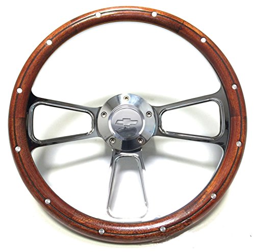 Polished Billet Steering Wheel with Real Mahogany Half Wrap