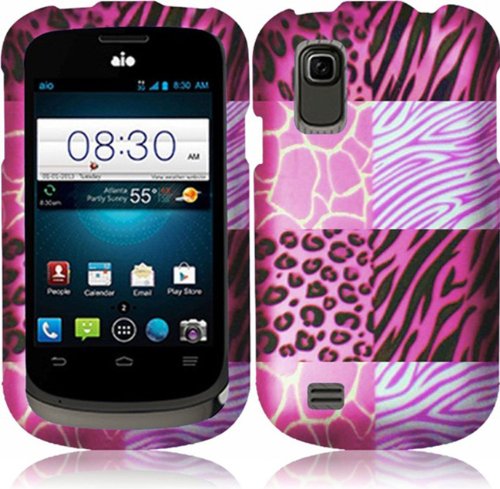ZTE Prelude Z993 / Avail 2 Z992 (AIO Wireless/AT&T) 2 Piece Snap On Rubberized Plastic Image Case Cover, Black/White Zebra Tiger Design Pink Square Cover + LCD Clear Screen Saver Protector