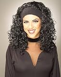 Womens Adult Long Black Curly Hair 80s Full Costume Wig with Attached Headband 1980s Hard Rock Groupie Girl