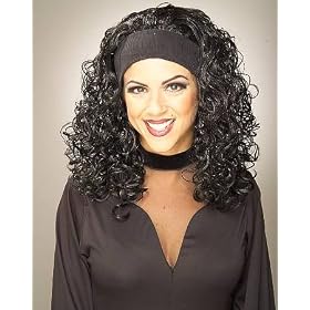 Womens Adult Long Black Curly Hair 80s Full Costume Wig with Attached Headband 1980s Hard Rock Groupie Girl