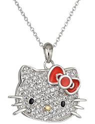 Hello Kitty by Simmons Jewelry Co. Czech Crystals Flat Pave Face and Red Bow Medium Dangle Girls Pendant Necklace