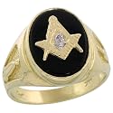 14k Gold Men's Masonic Ring, w/ Brilliant Cut Diamond & Oval-shaped Black Onyx Stone, 11/16" (17mm) wide