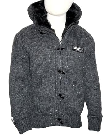 MENS CHARCOAL CHUNKY KNIT HOODED FUR LINED CARDIGAN - XL 44