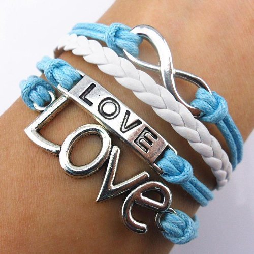 EVERMARKET(TM) Handmade Infinity Bracelet Love Sky Blue Rope White Leather Weave Vintage Silver