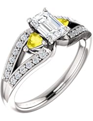 10K White Gold Emerald Cut Diamond and Yellow Sapphire Ring -- LIFETIME WARRANTY