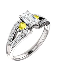 Platinum Emerald Cut Diamond and Yellow Sapphire Ring -- LIFETIME WARRANTY