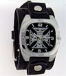 Black Five Skull in Cross Form with Holes on Leather Wide Band Trendy Fashion Design Steel Dial Gothic Punk Biker Wristband Watch