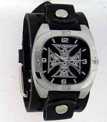Black Five Skull in Cross Form with Holes on Leather Wide Band Trendy Fashion Design Steel Dial Gothic Punk Biker Wristband Watch