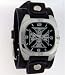 Black Five Skull in Cross Form with Holes on Leather Wide Band Trendy Fashion Design Steel Dial Gothic Punk Biker Wristband Watch