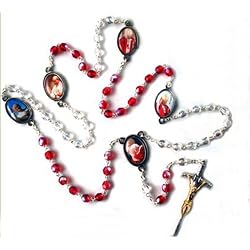 Pope Benedict and John Paul II Rosary - 6mm Clear and Red Crystal Beads - 21" Total Length - Corpus on Crucifix