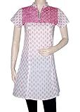 Valentine Gift For Lady Love Women Rajrang Collar Deep Straight Neck Line Sequins & Embroidery Work Frock Style / White & Pink Color Kurti/ Tunic/ Top India