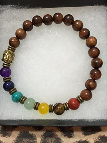 Man's 7 gemstone Chakra Bracelet with Bronze Buddha bead and spacers and finished with rosewood beads for the wristband