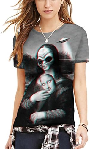 Pretty321 Women Girl Mona Lisa Alien Mask UFO Digital 3D Print Tee Slim Fit T-shirt (US(Women 12-13/L| Men M+) Ignore Our Tag, Amazon)