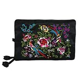 Silky Embroidered Brocade Jewelry Travel Organizer Roll Pouch - Onyx Black