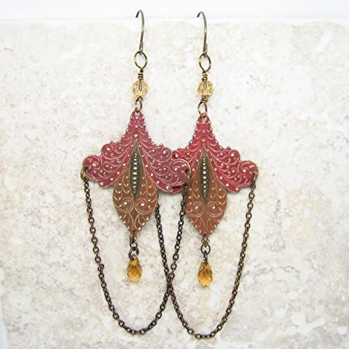 Henna Earrings, Brass Pendant with Vintage Patina and Swarovski Crystals (Boho Chic)