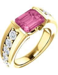 14K Yellow Gold 9.00x7.00mm Emerald Cut Chatham Created Pink Sapphire and Diamond Ring -- LIFETIME WARRANTY