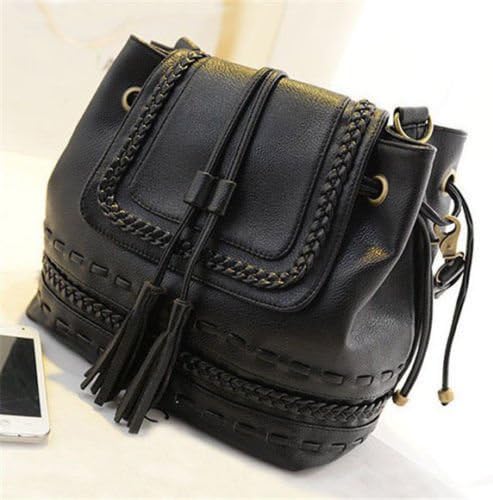 PATTONJIOE Women's Bohemian Tassel Bucket Bag Faux Leather Shoulder Bag Black