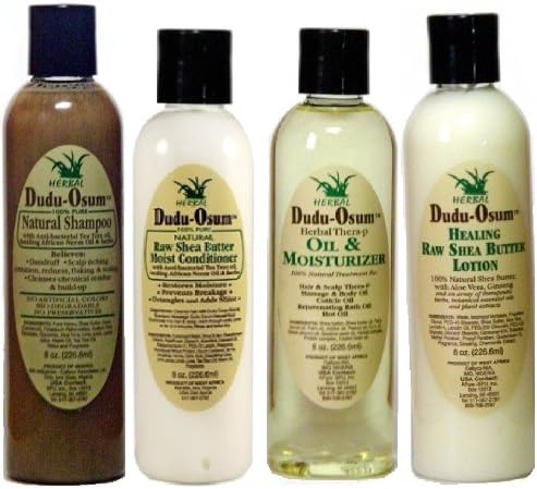 Dudu Osum 100% Pure 4pcs Combo (Natural Shampoo, Raw Shea Butter Moist Conditioner, Sheabutter Lotion, and Oil Moisturizer) Plus 1 Free of Apple EYE Pencil Color: Radiant Blue