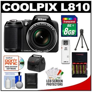 Buy Nikon Coolpix L810 Digital Camera (Black) with 8GB Card + Batteries & Charger + Case + Accessory Kit with best Price