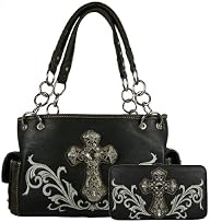 Montana West Purse Set- Satchel Handbag Faux Leather with Rhinestone Cross and Embroidered Design…