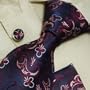 Designer Inspired Purple Paisleys 100% Jacquard Woven Silk Tie Hanky Mens Pink Pattern Necktie and Cuff Links Cufflinks and Handkerchiefs Set with Presentation Box H5022