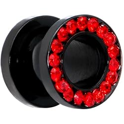 0 Gauge Black Anodized Titanium Red Gem Screw Fit Tunnel