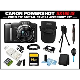 Powershot SX160 IS Point and Shoot Digital Camera (Black) with Complete 16GB Digital Camera Accessory Kit