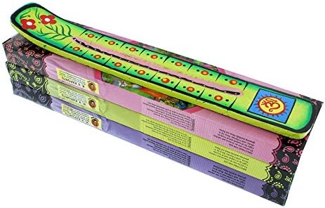 Zen Mood Incense Gift Pack - 3 Boxes of Assorted Indian God Incense and 1 Hand Painted Incense Holder with Om Design - Green