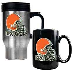 Cleveland Browns 16oz Travel Mug & 15oz Ceramic Mug set - Helmet logo NFL Football