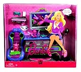 IMAGE OF Mattel Barbie Year 2008 Pink Series 12 Inch Doll Furniture Accessories Set - DREAM GAME ROOM with Flat Screen TV, Entertainment Center, 2 Discs, Monkey Shaped Remote Holder, Floor Lamp, 2 Game Remotes, Purple Color Portable Game Piece, Keyboard, Gaming Chair and Pink Puppy with White Bow Tie