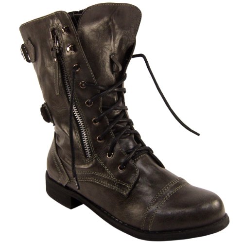 Womens Black Zip Military Lace Up Boots