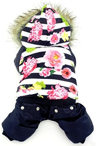 ESINGYO Pet Puppy Apparel Small Dog Cat Clothes Warm Fleece Lining Fur Trim Hooded Coat Jacket Four-leg Jumpsuit Striped Blue S
