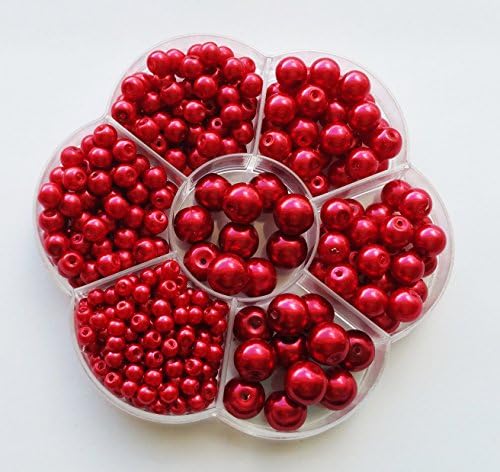 400+pcs Luster Glass Pearl Round Beads Assorted Sizes Lot / Jewelry Making Beads (Red)