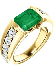 10K Yellow Gold 9.00x7.00mm Emerald Cut Chatham Created Emerald and Diamond Ring -- LIFETIME WARRANTY