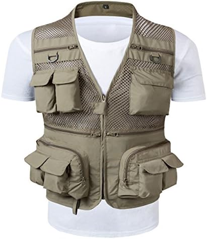 Men's 16 Pockets Mesh Breathable Fly Fishing Photographer Vest Khaki US M