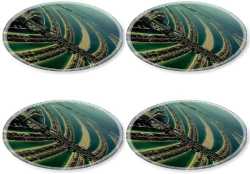 Dubai Palm Island Incredible Scenery Round Coaster (4 Piece) Set Fabric Rubber 5 Inch Size Luxlady Coaster Cup Mug Can Water Bottle Drink Coasters Stain Resistance Collector Kit Kitchen Table Top Desk