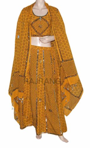 Ethnic Designer Shells Work & Block Print for Ladies, Unique Design Yellow Boho Bohemian Lehnga Choli with Sequins, Mirrors Work, Shells Work & Block Print for Ladies Rajrang India
