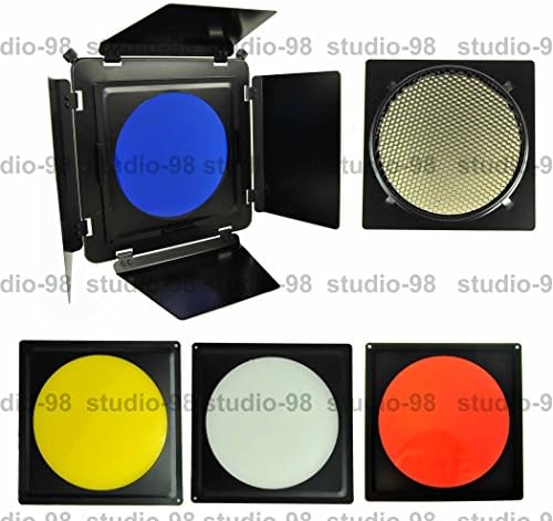 Studio-98 4 -LEAF BARNDOOR WITH GRID & 4 COLOR GEL SET FIT ON 6.5", 7" or 7.5" REFLECTOR