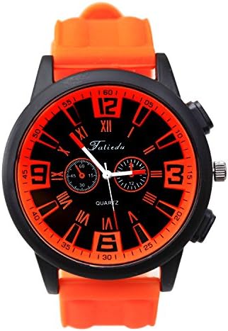 Orange Sports Style Dual Time Silicone Strap Quartz Watch 2 Small Dials Men's Sport Wristwatch One Button Setting