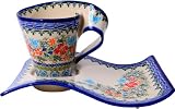 Polish Pottery Ceramika Boleslawiec, 0255/238, Coffee and Cake Set Fala, 1 1/4 Cups, Royal Blue Patterns with Red Cornflower and Blue Butterflies Motif