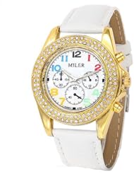 Colorful Number Marker Quartz Watch Wristwatch Timepiece w Rhinestones Decor f Lady Women Girls - White SWWT2-290196