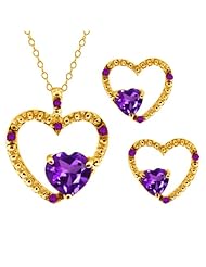 1.61 Ct Heart Shape Purple Amethyst 18k Yellow Gold Pendant Earrings Set