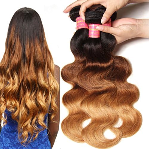 Longqi Hair 100% Brazilian Human Hair Body Wave Fashion Ombre Color Three Tone (T1B#/4#/27#) 95-100G/Piece Real Human Hair Extensions Pack of 4 (18 20 20 22inch)