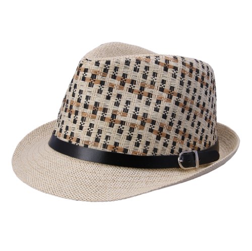 Elee Unisex Kids Straw Short Brim Trilby Fedora Cap Jazz Hat Sunhat with Leather Belt (Beige&Black)