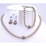 Brd716 Bridal Necklace Earrings Bracelet Complete Set Bronze Pearls w/ Chocolate Brown Pearls & Silver Rondells Spacer