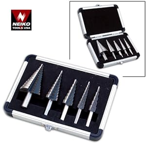Neiko 5-Piece Step Drill Bit Set with Metal Case - Metric, 1 4-Inch and 1 2-Inch Shank by Neiko
