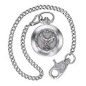 Harley Davidson Bulova Mens Pocket Watch. Raised antiqued pewter Harley-Davidson Eagle and Bar & Shield medallion dial, bold luminous hands and markers. Stainless steel case and 15" chain with lobster claw claps. Matches 76A12 wristwatch. Etched full Harley Bar and Shield on caseback, 76A18