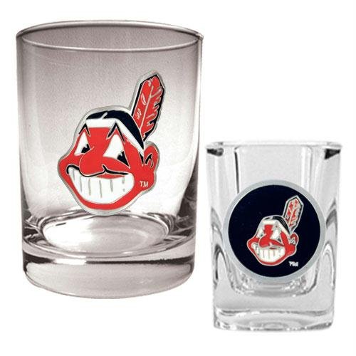 MLB Cleveland Indians Rocks Glass & Square Shot Glass Set - Primary Logo