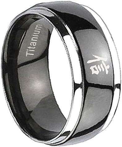 8MM Titanium Kanji Faith Dome Black IP Silver Edged Men's Ring Size 13