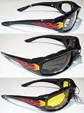 3 Motorcycle Flame Sunglasses Glasses Padded Black frames with Fire on sides, lenses that are shatter resistant polycarbonate, rated UV400 Anti-Fog coated each lens Clear Smoked Yellow Each comes with a soft micro-fiber bag to store them in Also has comfortable rubber ear pads!These float if you are near or around water a lot.If you drop them in water they will float on the surface